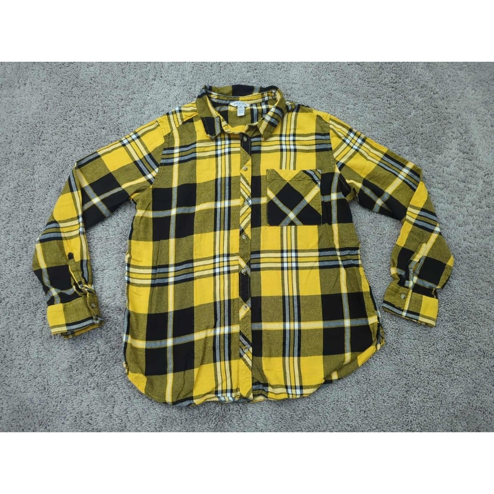 Arizona Jean Co Button Up Shirt Womens XL Yellow‎ Plaid Long Sleeve Flannel